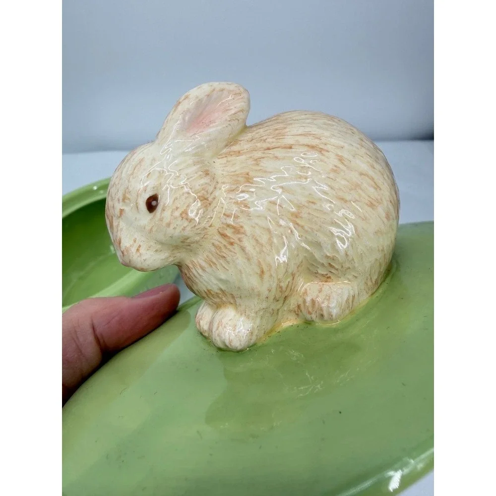 Hallmark Candy Dish Bunny Rabbit Topper Green Basketweave Spring Decor Easter